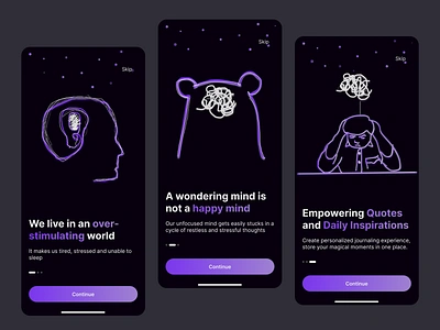 Mental health - Onboarding flow anxiety app dark dark mode design graphic design illustration lifestyle mental health mobile app onboarding productivity relax ui ui design ux