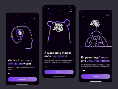 Mental health - Onboarding flow anxiety app dark dark mode design graphic design illustration lifestyle mental health mobile app onboarding productivity relax ui ui design ux