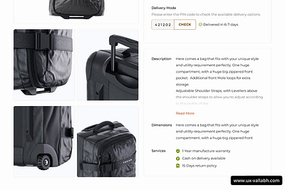 UI UX of Product Detail Page (PDP) animation baggage website design e commerce product detail page product listing page shopping website ui ui ux ux design ux designer webpage website design