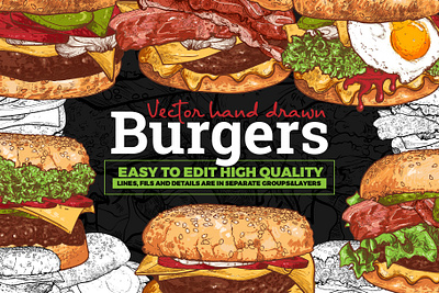 Hand drawn vector burgers burger burgers design graphic hamburger hand drawn illustration line art menu outline pub restaurant vector veggie burger