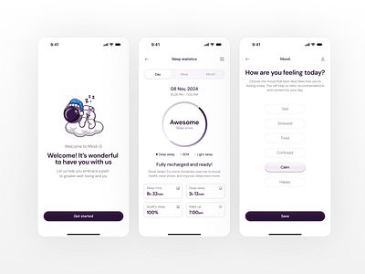 UI Exploration – Sleep tracking app 🪄 app button clean design figma gradient icon illustration ios minimal mobile purple sleep stats tracking ui uiux ux white