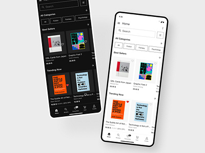 Book Store App UI Design in Light & Dark Mode app app design black book book store dark mode design e commerce app light mode minimal modern ui white