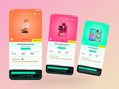 Gamified E-auction Mobile App app auction design discount eauction ecommerce gamification interaction design mobile app offer product design product detail ui ui design user experience design ux ux design visual design