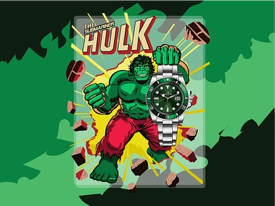 The Submariner Hulk animalfusion branding cartoonart characterdesign comic style design digitalillustration graphicdesign green dial horology hulk illustration illustratorart luxury watch pop art rolex submariner superhero ui watch illustration