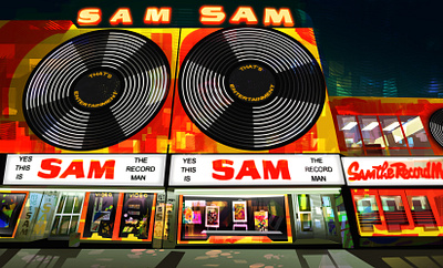 Sam the Record Man city colourful illustration lights old print record retro sam stylized toronto vector vintage