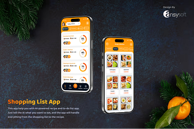 The mobile app named " Shopping List App" designed by Ansysoft adobephotoshop aipowered culinaryinspiration deliciousresults dinnerideas eatwell effortlesscooking foodappreciation foodie healthylifestyle kitchenhelper mealplanning mealprep mobileapp personalization recipegenerator savetime shoppingslist tasksimplifier timemanagement