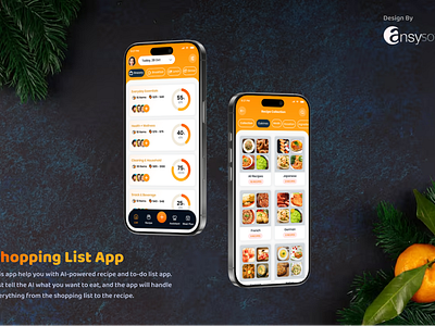 The mobile app named " Shopping List App" designed by Ansysoft adobephotoshop aipowered culinaryinspiration deliciousresults dinnerideas eatwell effortlesscooking foodappreciation foodie healthylifestyle kitchenhelper mealplanning mealprep mobileapp personalization recipegenerator savetime shoppingslist tasksimplifier timemanagement