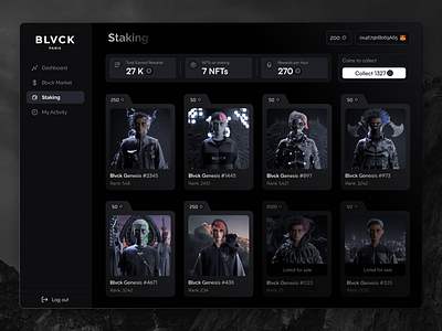 NFT Staking | BLVCK Marketplace 3d black interface light marketplace minimal nft screen staking ui web