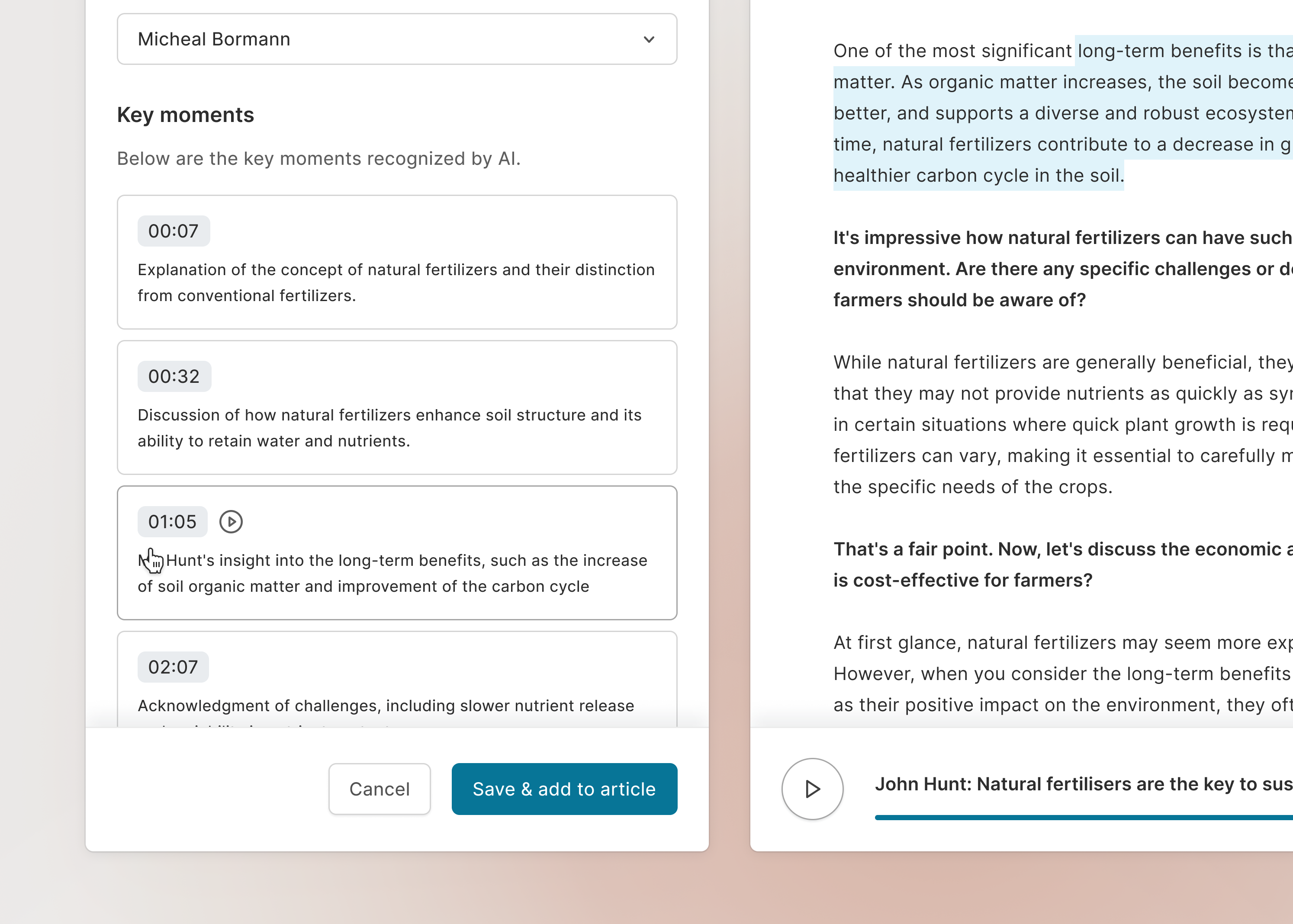 Transcription of recordings with key moments highlighted ai application component generate highlight interface interview nav newsroom player poc settings sound text timestamp transcription ui ux web app