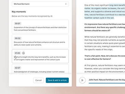 Transcription of recordings with key moments highlighted ai application component generate highlight interface interview nav newsroom player poc settings sound text timestamp transcription ui ux web app