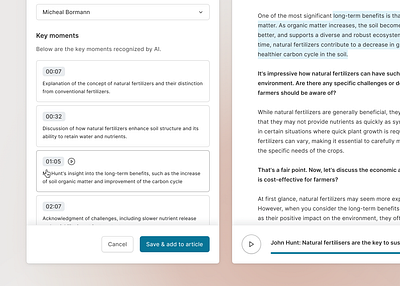 Transcription of recordings with key moments highlighted ai application component generate highlight interface interview nav newsroom player poc settings sound text timestamp transcription ui ux web app