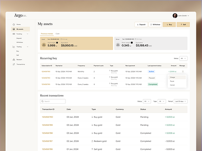 Fintech gold trading platform transactions history UI/UX buy gold buy silver ewallet exchange app finance dashboard fintech dashboard gold balance gold investment gold trading gold wallet precious metals product design recurring transaction silver balance transactions history transactions table uiux web app web design web3.0