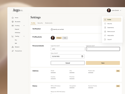 Gold trading platform dashboard user profile settings UI/UX account settings edit profile ewallet fintech dashboard fintech product gold exchange gold trading gold wallet product design profile interface profile settings trading platform uiux user account user profile web app web design web3.0