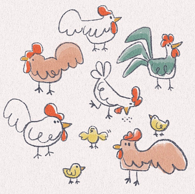 Chickens animals barn chickens chicks farm hens illustration rooster sketch