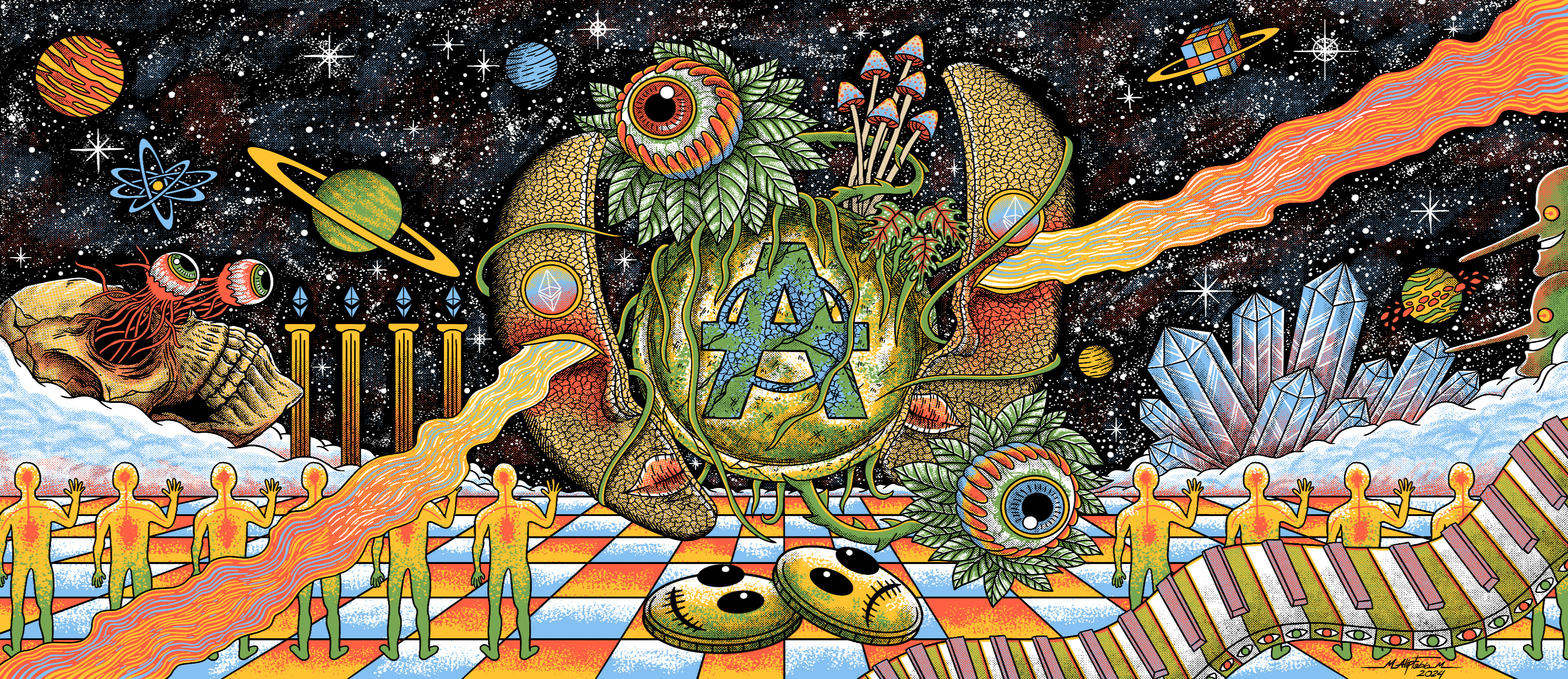 Cosmic strange new world's aliens digital artwork ethereum eyes illustration laser outer space planet plants psychedelic sci fi scifi skull soul stars trippy