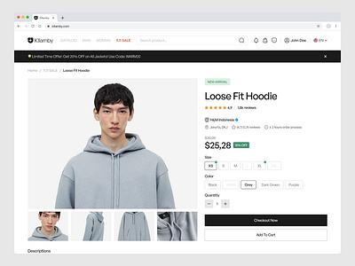 Kllamby - Detail Page black brand branding cart checkout clean clothing description design detail jacket kllamby language promo reviews sale selling size ui white