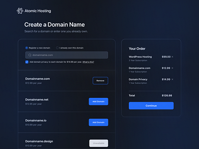 Hosting Checkout Flow branding checkout darkmode domains hosting product design ui ui design uiux ux visual design website