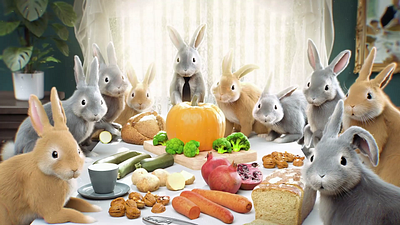 Bunny Thanksgiving 2024 3d after effects animation bunny c4d cgi cinema 4d cute design dinner family minimal mograph motion graphics thanksgiving veggitables vfx