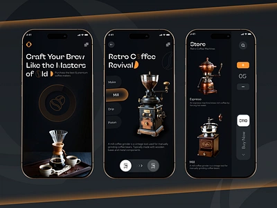 Vintage Brew: Retro Coffee Equipment App UI/UX Design app ui app ui design user experience branding coffee creative daily ui ecommerce app minimalist mobile app design modern popular ui