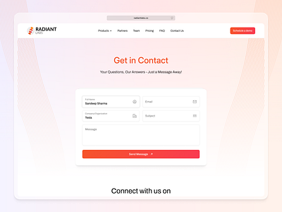 Contact page - Radiant Labs contact contact card contact form contact page hero background orange sandeep sharma stacked web page zenork