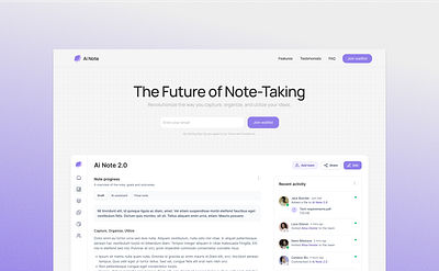 AI Note - SaaS Landing Page ai bento clean design landing page minimalist note taking saas ui