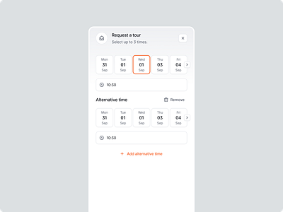 Immobilis - request tour / alternative time / modal b2b b2c date select modal real estate request a tour saas showing side modal time select