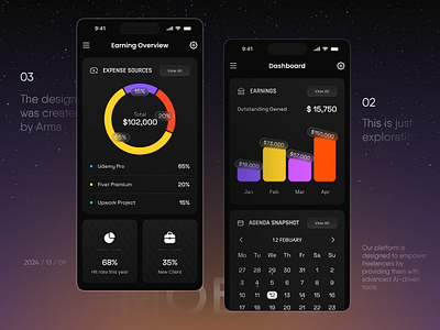 Dashboard for Freelancer UI UX admin agenda app branding chart clean client dark dashboard design finance freelancer income mobile app mobile dashboard revenue saas ui uidesign ux