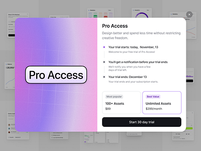 Subscription Modal blank clean component design system dialog gradient interface modal pro purple subscription ui ui kit