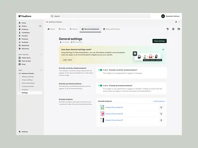 General settings - FinalForm banner cms layout settings shopify ui