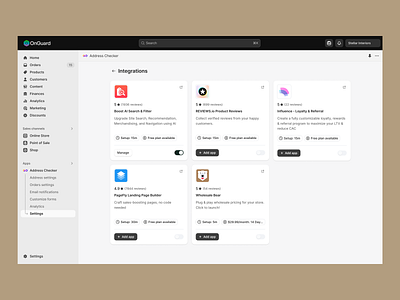 Integration UI - OnGuard Shopfiy integration layout shopify ui