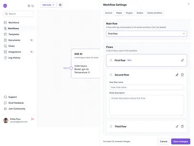 AI Workflow settings ai chat dashboard settings ui white workflow