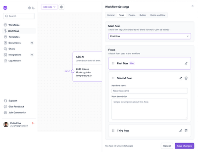 AI Workflow settings ai chat dashboard settings ui white workflow