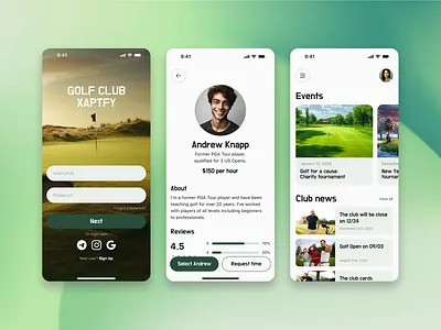 Golf Club Mobile App activity coach concept design golf mobile app motivation news sport ui ux workout