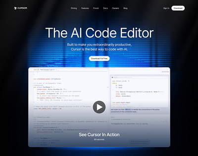 AI editor landing page hero section ai ambient blue code cursor dark editor hero section ui