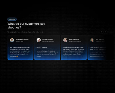 AI code editor testimonials ai ambient code dark editor landing page section testimonials