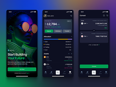 Cryptocurrency & Bitcoin Mobile App bitcoin blockchain blue colorful concept app crypto cryptocurrency finance fintech green mobile app mobile design ui web3