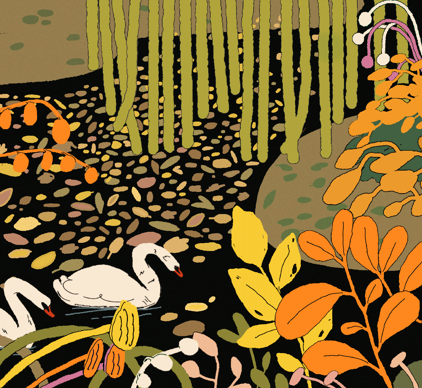 Captured moments of autumn vibe animation autumn cel animation colorful draft drawing fall frame by frame animation gif illustration lake landscape leaves mood nature pond procreate swan traditionlal animation trees