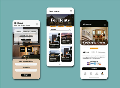 Real Estate Mobile App Design branding figma graphics design house app illustrator landing page mobile app real estate app rent house ui design ux web design