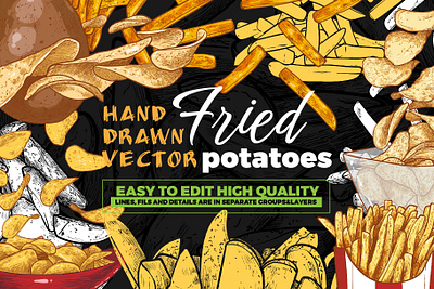 Vector hand drawn fried potatoes chips crisps food fried potatoes fries graphic design hand drawn illustration junk food line art outline takeway vector