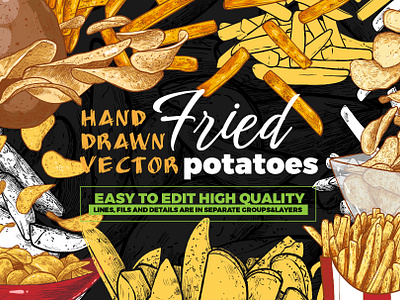 Vector hand drawn fried potatoes chips crisps food fried potatoes fries graphic design hand drawn illustration junk food line art outline takeway vector