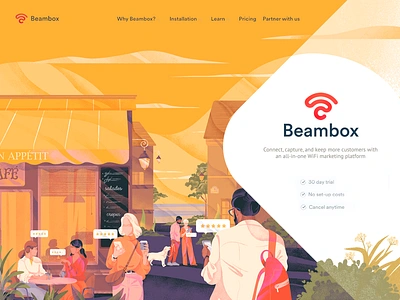 Illustrations for the Beambox.co (part 3) banner branding buildings character city design download freebies header illustration logo man peoples team technology ui web web illustration wifi