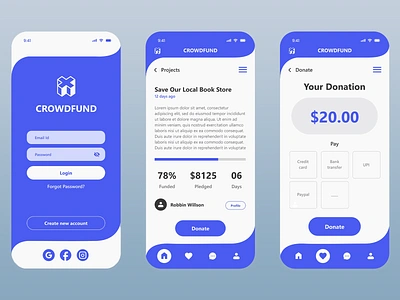 Mobile design: Crowdfund Mobile App UI Design charity app crowdfunding digital wallet donation experience donation platform financial app fintech app fundraising intuitive navigation minimal design mobile app payment options project funding project listing project support responsive design social good uiux user friendly interface user interface