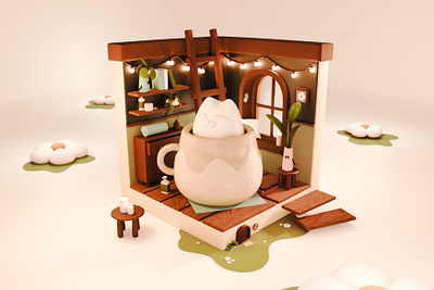 Cozy Cat Diorama 3d 3dart animation blender blender3d cat coffee cozy cute diorama flower graphic design home plants