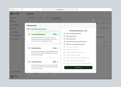 Membership Options Pricing Plan admin component coworking space dashboard design membership plan platform pricing ui upgrade ux web