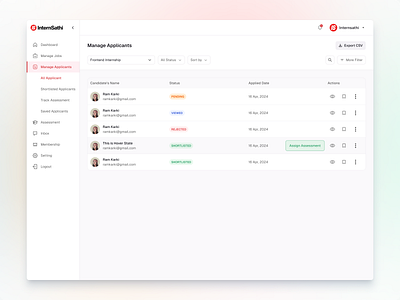 Manage Applicants - Internsathi app design clean creative design ui