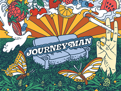 Journeyman abstract branding butterfly cannabis dove edibles flower fruits graphic design hippie illustration marihuana meadow natural nature plant retro smoke sun trippy