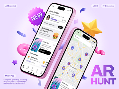 AR Hunt – Interactive Mobile App UI/UX Design 3d animation app application design ar dashboard design figma design game gamified graphic design hunt ios map mobile pink ui ux