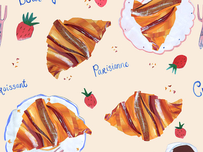 Boulangerie pattern design bakery branding bread croissant illustration pastry patisserie strawberries