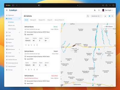 Vehicle Lists - Trackon GPS app design clean creative design ui