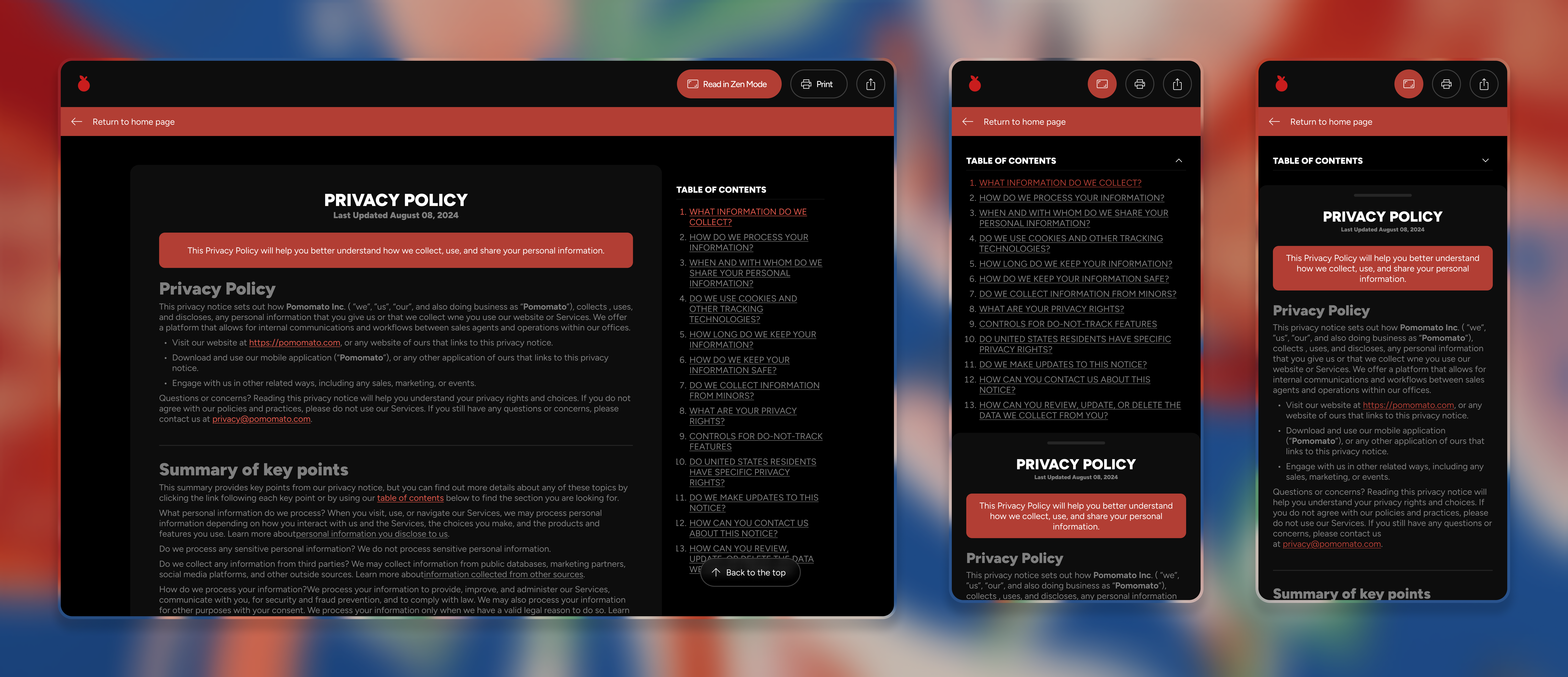 Pomomato privacy page - 2nd iteration + mobile branding clean concept dark legal minimal mobile pomodoro privacy red sketch terms ui web